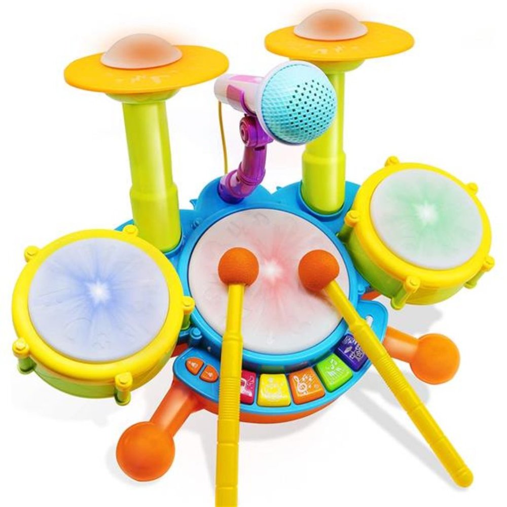 Drum Set for Kids with 2 Drum Sticks and Microphone, Musical Toys for Toddlers